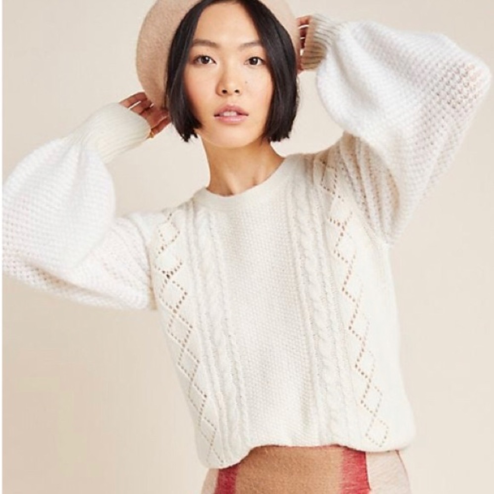 Anthro Elizabeth Pointelle Lambs Wool Sweater XL